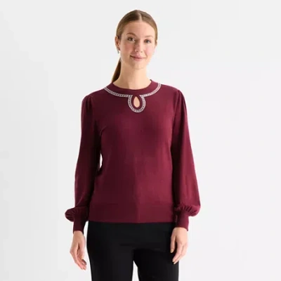 Liz Claiborne Womens Crew Neck Embellished Long Sleeve Pullover Sweater In Red