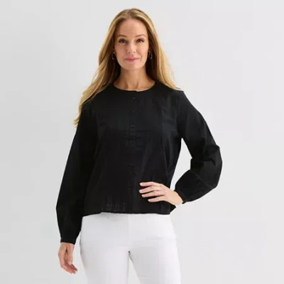Liz Claiborne Womens Crew Neck Long Sleeve Blouse In Black