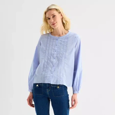 Liz Claiborne Womens Crew Neck Long Sleeve Blouse In Blue