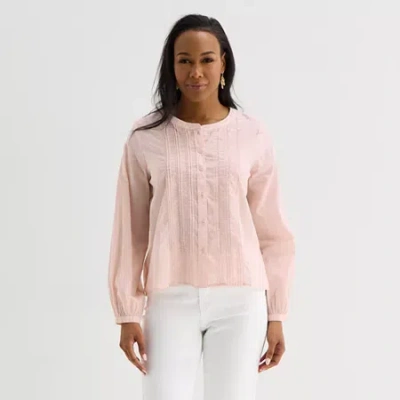 Liz Claiborne Womens Crew Neck Long Sleeve Blouse In Pink