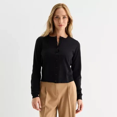 Liz Claiborne Womens Crew Neck Long Sleeve Button Cardigan In Black
