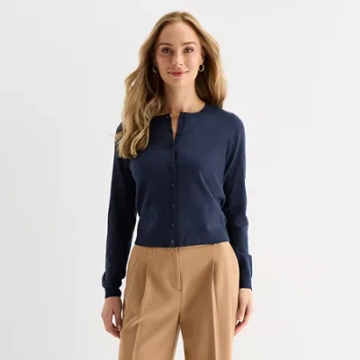 Liz Claiborne Womens Crew Neck Long Sleeve Button Cardigan In Blue