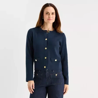 Liz Claiborne Womens Crew Neck Long Sleeve Button Cardigan In Blue