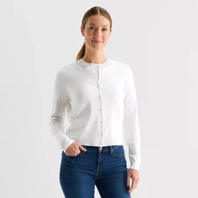Liz Claiborne Womens Crew Neck Long Sleeve Button Cardigan In White