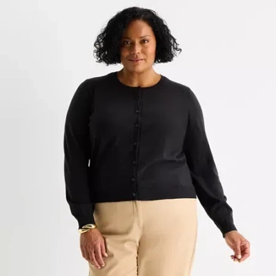 Liz Claiborne Womens Crew Neck Long Sleeve Button Plus Cardigan In Black