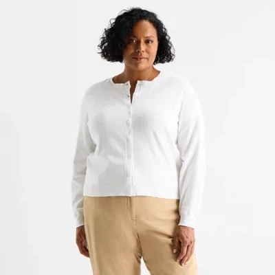 Liz Claiborne Womens Crew Neck Long Sleeve Button Plus Cardigan In White