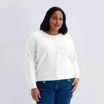 Liz Claiborne Womens Crew Neck Long Sleeve Button Plus Cardigan In White