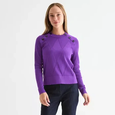 Liz Claiborne Womens Crew Neck Long Sleeve Pullover Sweater In Purple