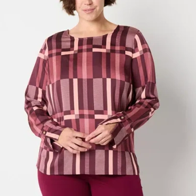 Liz Claiborne Womens Crew Neck Long Sleeve Satin Blouse In Purple