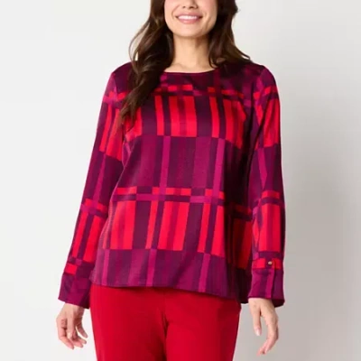 Liz Claiborne Womens Crew Neck Long Sleeve Satin Blouse In Red