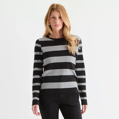 Liz Claiborne Womens Crew Neck Long Sleeve Striped Pullover Sweater In Black