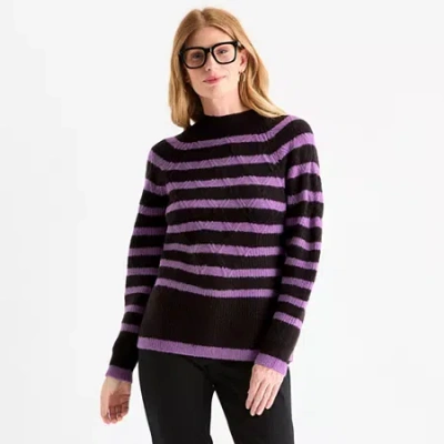 Liz Claiborne Womens Crew Neck Long Sleeve Striped Pullover Sweater In Black