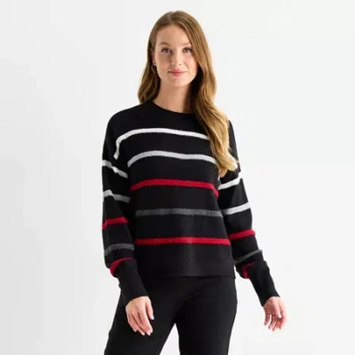 Liz Claiborne Womens Crew Neck Long Sleeve Striped Pullover Sweater In Black