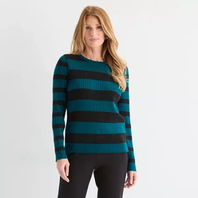 Liz Claiborne Womens Crew Neck Long Sleeve Striped Pullover Sweater In Blue