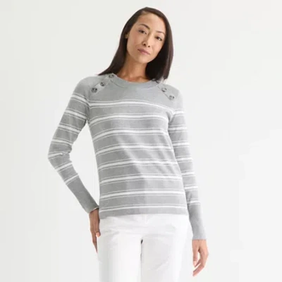 Liz Claiborne Womens Crew Neck Long Sleeve Striped Pullover Sweater In Gray