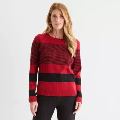 Liz Claiborne Womens Crew Neck Long Sleeve Striped Pullover Sweater In Red
