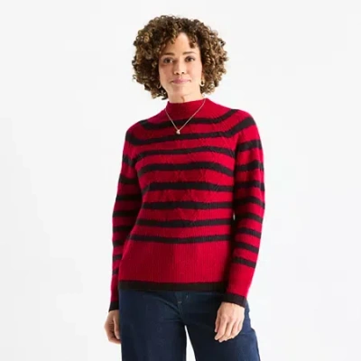 Liz Claiborne Womens Crew Neck Long Sleeve Striped Pullover Sweater In Red