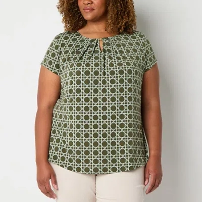 Liz Claiborne Womens Crew Neck Short Sleeve Adaptive Plus Blouse In Green