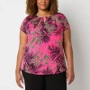 Liz Claiborne Womens Crew Neck Short Sleeve Adaptive Plus Blouse In Pink