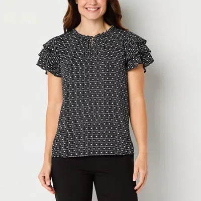 Liz Claiborne Womens Crew Neck Short Sleeve Blouse In Black