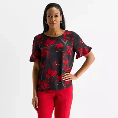 Liz Claiborne Womens Crew Neck Short Sleeve Blouse In Black