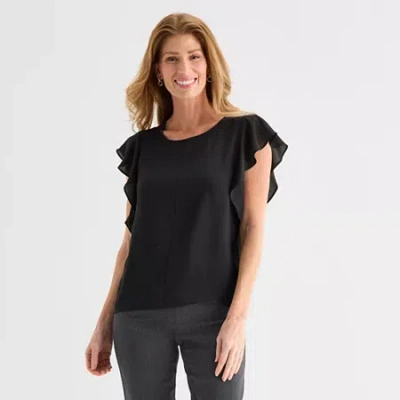 Liz Claiborne Womens Crew Neck Short Sleeve Blouse In Black