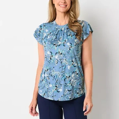Liz Claiborne Womens Crew Neck Short Sleeve Blouse In Blue