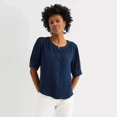Liz Claiborne Womens Crew Neck Short Sleeve Blouse In Blue