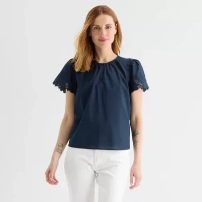 Liz Claiborne Womens Crew Neck Short Sleeve Blouse In Blue
