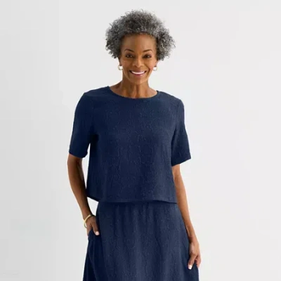 Liz Claiborne Womens Crew Neck Short Sleeve Blouse In Blue