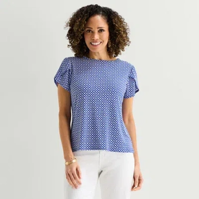 Liz Claiborne Womens Crew Neck Short Sleeve Blouse In Blue