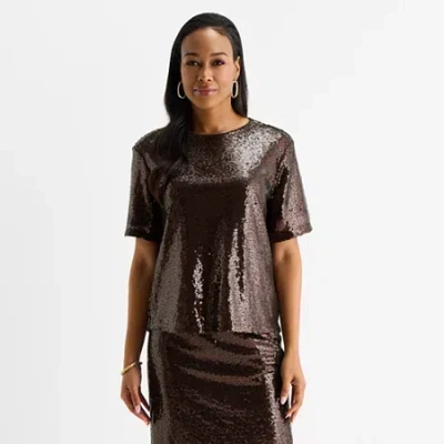 Liz Claiborne Womens Crew Neck Short Sleeve Blouse In Brown