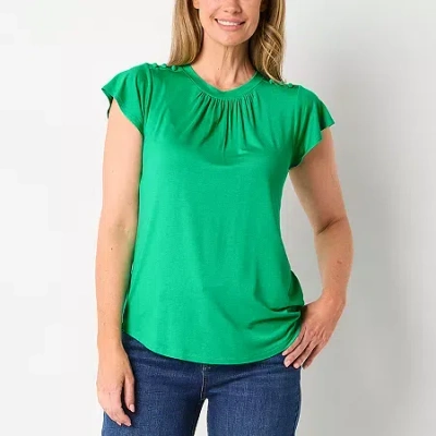 Liz Claiborne Womens Crew Neck Short Sleeve Blouse In Green