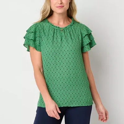Liz Claiborne Womens Crew Neck Short Sleeve Blouse In Green