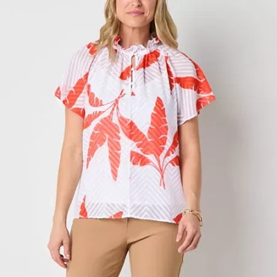 Liz Claiborne Womens Crew Neck Short Sleeve Blouse In White