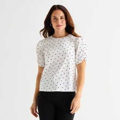 Liz Claiborne Womens Crew Neck Short Sleeve Blouse In White