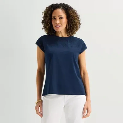 Liz Claiborne Womens Crew Neck Short Sleeve Embroidered Blouse In Blue