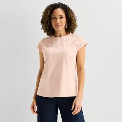 Liz Claiborne Womens Crew Neck Short Sleeve Embroidered Blouse In Pink