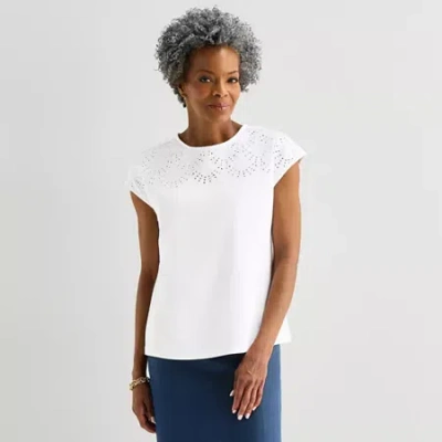 Liz Claiborne Womens Crew Neck Short Sleeve Embroidered Blouse In White