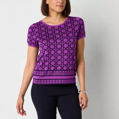 Liz Claiborne Womens Crew Neck Short Sleeve Geometric Pullover Sweater In Purple