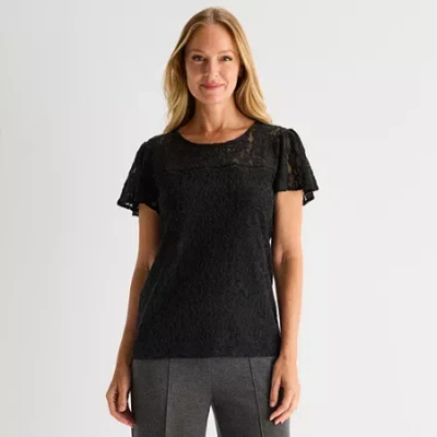 Liz Claiborne Womens Crew Neck Short Sleeve Lace Blouse In Black