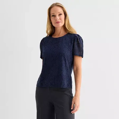 Liz Claiborne Womens Crew Neck Short Sleeve Lace Blouse In Blue