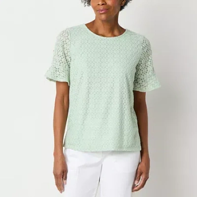 Liz Claiborne Womens Crew Neck Short Sleeve Lace Blouse In Green