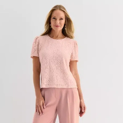 Liz Claiborne Womens Crew Neck Short Sleeve Lace Blouse In Pink