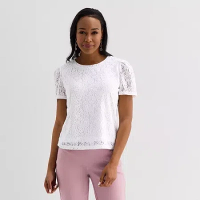 Liz Claiborne Womens Crew Neck Short Sleeve Lace Blouse In White