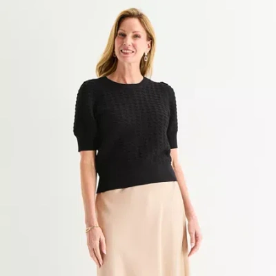 Liz Claiborne Womens Crew Neck Short Sleeve Pullover Sweater In Black