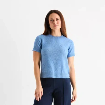 Liz Claiborne Womens Crew Neck Short Sleeve Pullover Sweater In Blue