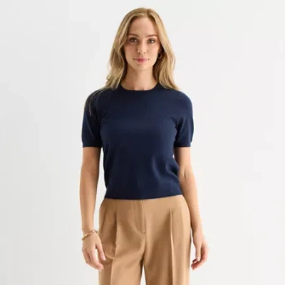 Liz Claiborne Womens Crew Neck Short Sleeve Pullover Sweater In Blue