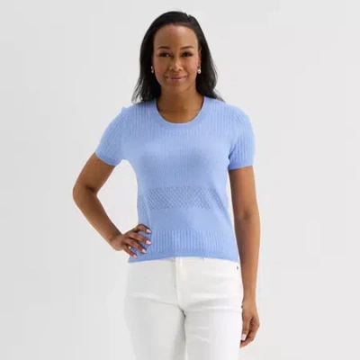 Liz Claiborne Womens Crew Neck Short Sleeve Pullover Sweater In Blue