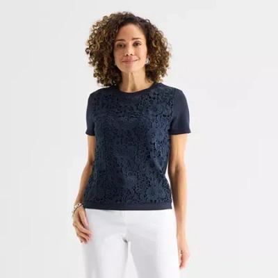 Liz Claiborne Womens Crew Neck Short Sleeve Pullover Sweater In Blue